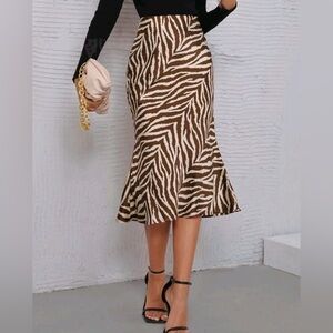Brown and Cream Zebra Print Midi Skirt - Women's